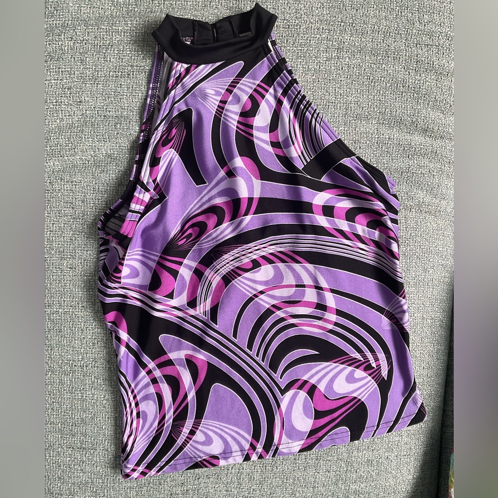70s Style Dance Top Body Wrappers M Purple Black Skating Rave Disco Shirt